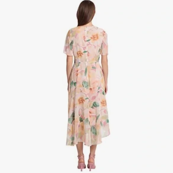 Maggy London Floral Asymmetric Hem Short Flutter Sleeve Midi Dress NWT Size 14W - Picture 3 of 9